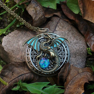 Large Bronze Dragon Locket Necklace with black opal replica, Fantasy jewelry, Gothic jewelry - image6